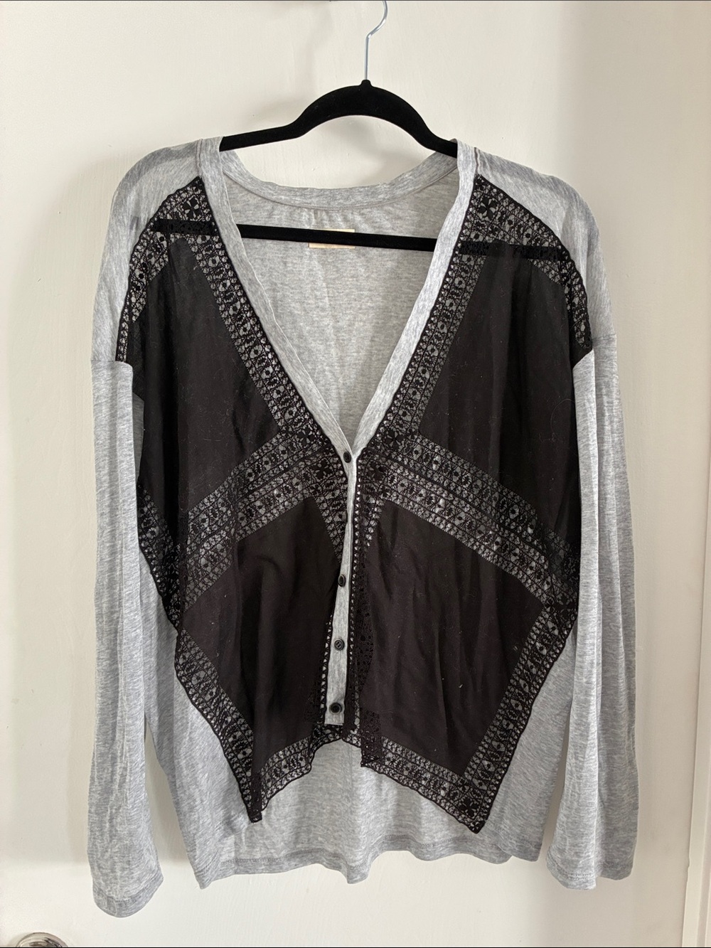 Rozae Nichols Light Gray and Black Lace-Panel Women's Button Cardigan small